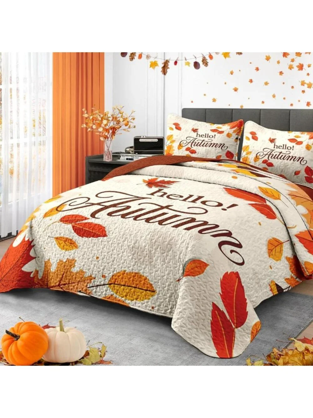 Cozy King Fall Quilt Set - 3 Piece Autumn Leaves Bedding & Bedspread